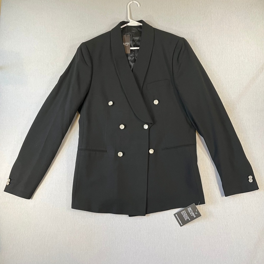 NEW boohooMAN Blazer Men 40 Straight Fit Double Breasted Black Pearl Buttons NWT